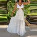 Vacation V-neck Sleeveless Suspender Women's Dress Fashion Lace Patchwork Party Dress Backless Hollow High Waist Sexy Long Dress_ecoleips.com