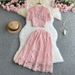 Women's Clothing Fashion Single Row Female Celebrity Temperament Round Neck Short Sleeved Suit Buttoned Lace Shirt Two Piece High Waisted A Line Skirt_ecoleips.com