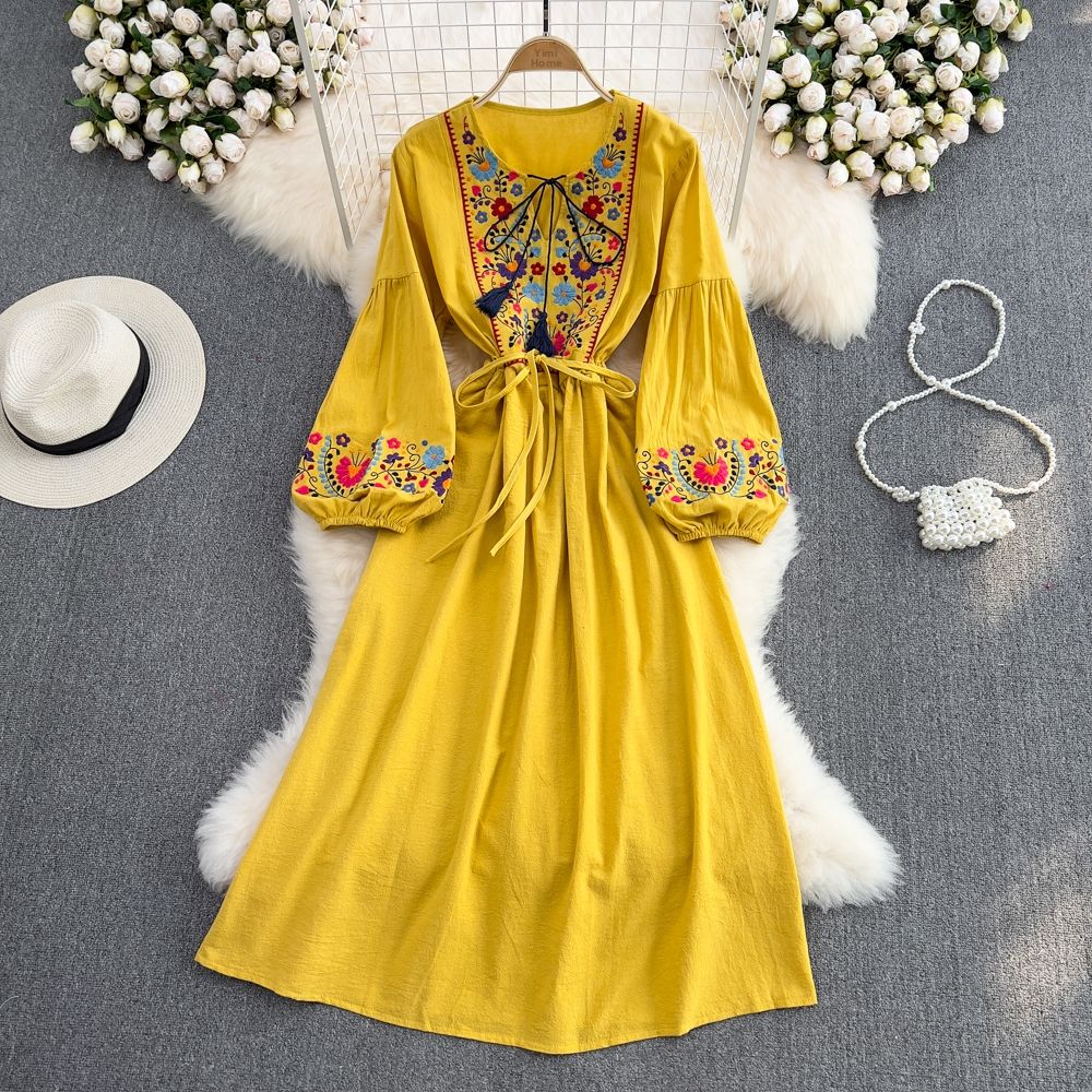 Bohemian Embroidered Tassel Tie Waist Loose A-Line Full Skirt Dress for Beach Vacation Foreign Trade Women's Maxi Dress_ecoleips.com