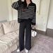 Women's Fashionable Korean Style Loose Striped Knit Top And Pants Set Casual High-Waisted Wide-Leg Knitwear_ecoleips.com