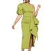 Women's Fashion 2025 Summer New OL Elegant Waist-Cinching Puff Sleeve Asymmetric Shoulder Party Split Dress_ecoleips.com