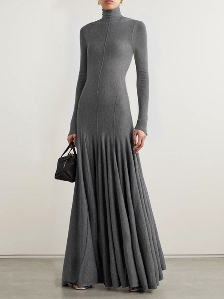 Freeacy 2025 Autumn And Winter New Slim Fit Long Sleeves Maxi Dress For Women Solid Gray High Neck Pleated Casual Party Dresses_ecoleips.com