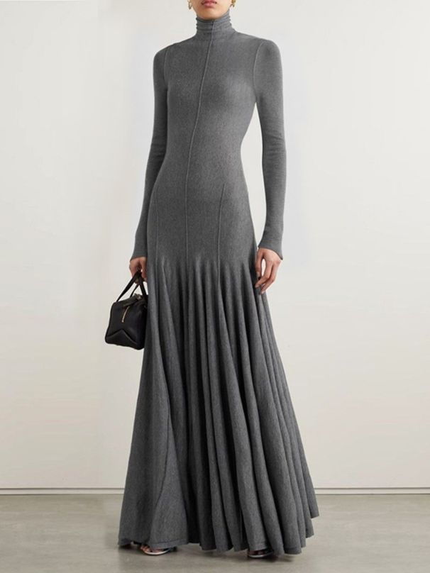 Freeacy 2025 Autumn And Winter New Slim Fit Long Sleeves Maxi Dress For Women Solid Gray High Neck Pleated Casual Party Dresses_ecoleips.com