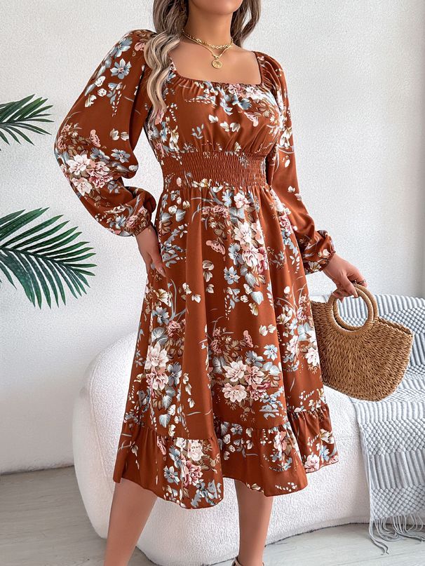Real Shot Spring Summer European American Elegant Flower Square Collar Long Sleeve Waist Ruffle A-line Dress Independent_ecoleips.com