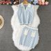 Women's Clothing College Style Striped Contrast Color Lapel Sleeveless Knitted Sweater Vest Top + Skirt_ecoleips.com