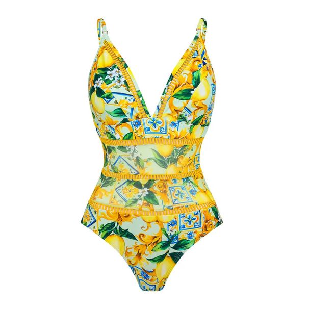 Women's Clothing New One-Piece Swimsuit Ruffled Mesh Stitching Lemon Printed Swimsuit Suit_ecoleips.com