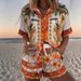 Women's Vacation Style Short Sleeve Shirt & Shorts Set, Floral Print Linen-Look Polyester Outfit For Summer_ecoleips.com
