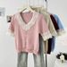 Women's Clothing Sweet Splicing Lace V Neck Short Sleeved Sweater For Women, New Summer Style, Slimming And Age Reducing Short Tops_ecoleips.com