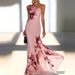 Blue Floral Print One Shoulder Long Dress American Style Elegant Classy Banquet_ecoleips.com