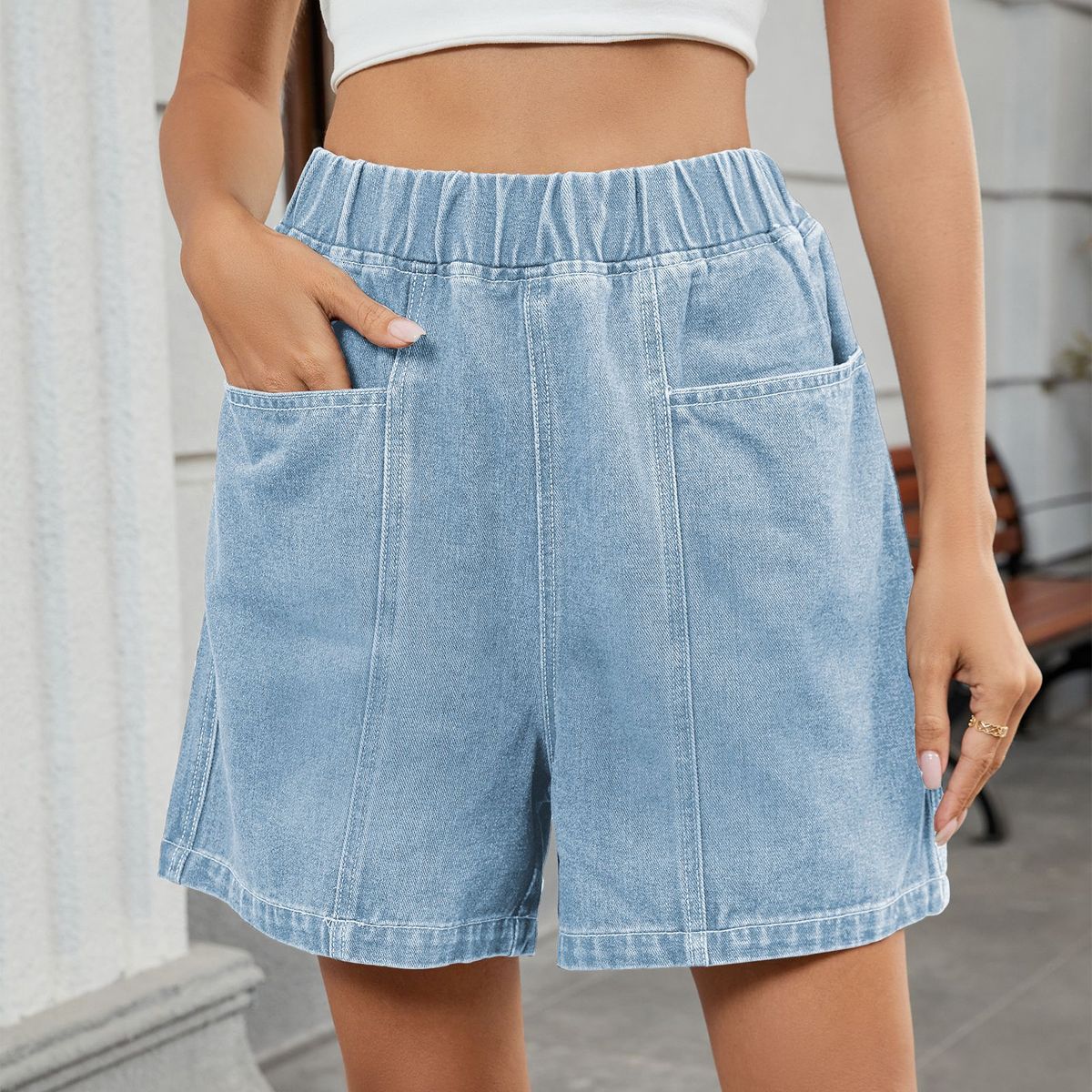 Women's Summer Washed Denim Casual Shorts Elastic Waist Trendy Style European American Cross Border E-commerce Regular Fit_ecoleips.com