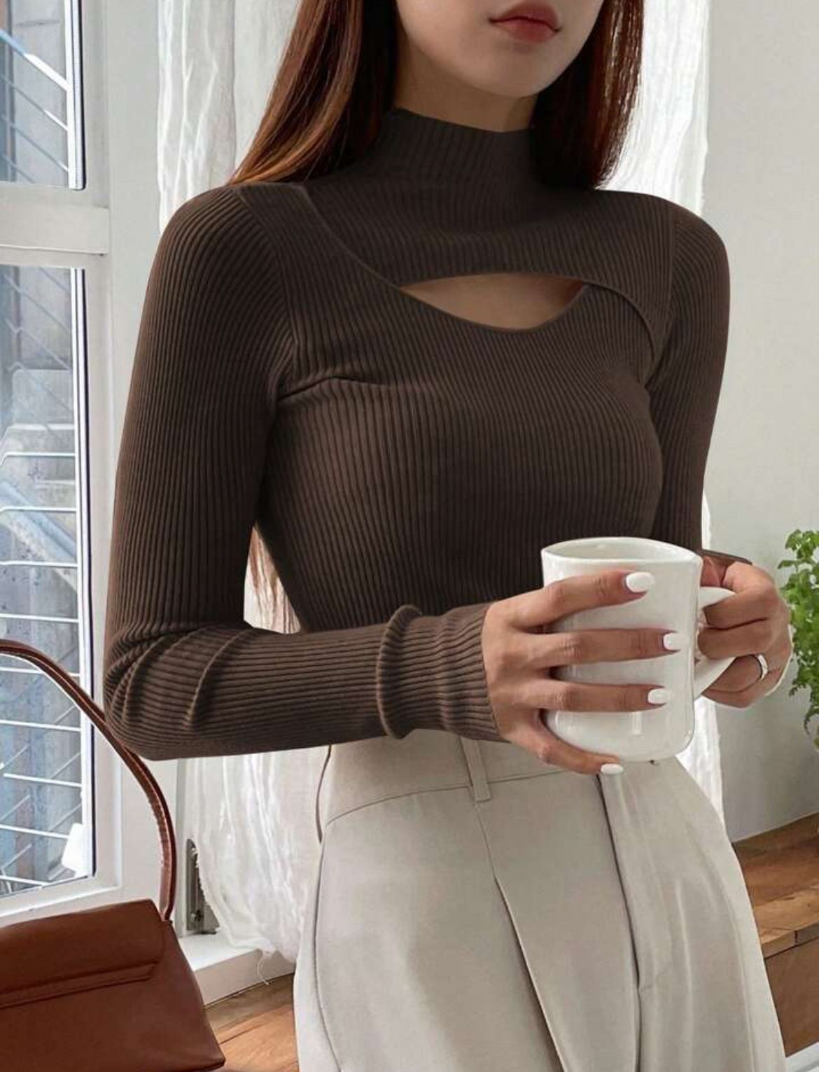 Women's Clothing Neck Sweater Fall Winter Hollow Knit Top Elegant Layering Stretch Slim Fit Pullover (Beige, Wine Red, Black, Coffee, White)_ecoleips.com