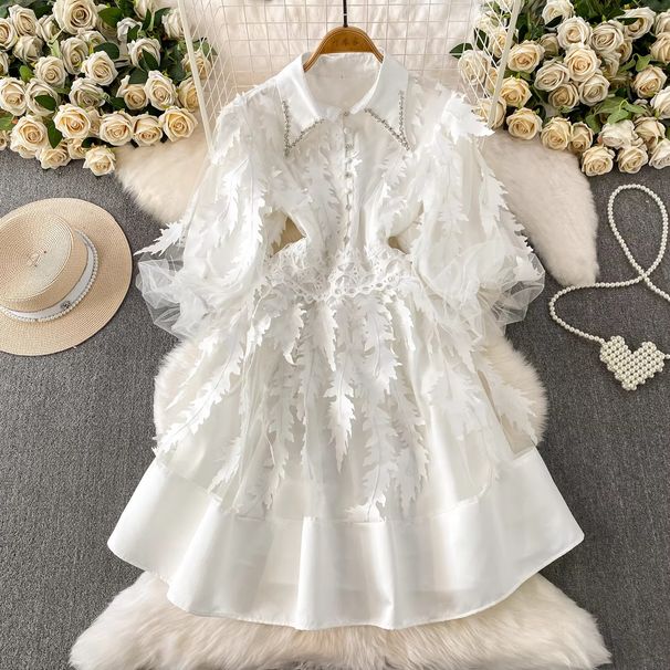 Slimming Lace Midi Dress European American Style Design Niche Mesh Patchwork Rhinestone Embellished Lapel Lantern Sleeves Waist Cinching_ecoleips.com