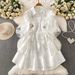Slimming Lace Midi Dress European American Style Design Niche Mesh Patchwork Rhinestone Embellished Lapel Lantern Sleeves Waist Cinching_ecoleips.com