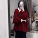 girl Two-Piece Set/French Autumn Winter New Lazy Style Loose Christmas Twist V-Neck Red Sweater Knitwear For Women_ecoleips.com