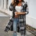 Women's Casual Loose-Fit Color-Blocked Button-Up Hooded Coat - Longline V-Neck With Pockets - Knit Polyester Blend (Khaki, Gray, Green, Brown)_ecoleips.com