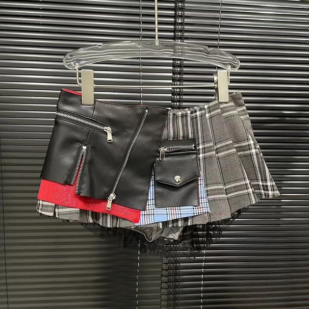 Verve Summer New Patchwork Design Sense Short For Women Modern Punk Niche Pleated Midi Skirt_ecoleips.com