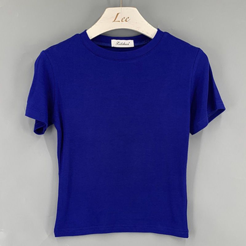Sapphire Blue Thin round Neck Jazz Dancer Women's Slightly Sheer Solid Color Slim Fit Stretch Short Sleeve T-Shirt Dance Top_ecoleips.com