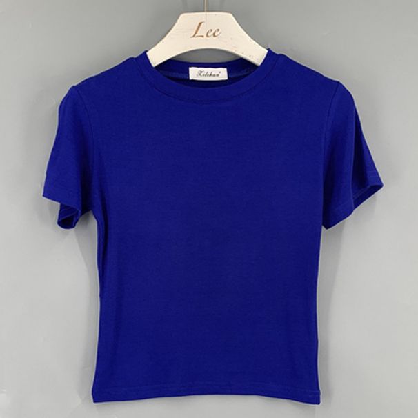 Sapphire Blue Thin round Neck Jazz Dancer Women's Slightly Sheer Solid Color Slim Fit Stretch Short Sleeve T-Shirt Dance Top_ecoleips.com