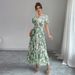 Women's Clothing Fashion Summer New Waist Round V Neck Puff Sleeves Big Swing Dress Travel Holiday Beach Long Skirt_ecoleips.com