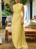 Freeacy 2026 Women's Solid Color Sleeveless High Neck Party Dress High Waist Pleated Floor Length Graceful Evening Dresses_ecoleips.com