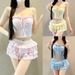 Women's Japanese Style Hot Spring Swimsuit Two Piece Set With Halter Top Solid Color Cake Skirt Cute And Girly_ecoleips.com