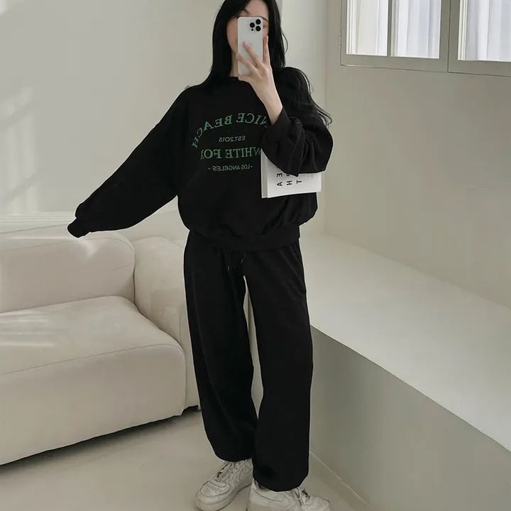 Korean-Style Women’s Fleece-Lined Sweatshirt & Pants Set – Winter Loose Fit Casual Outfit (M-XXXL, Gray/Pink/Black, Slim & Fleece-Lined Options)_ecoleips.com