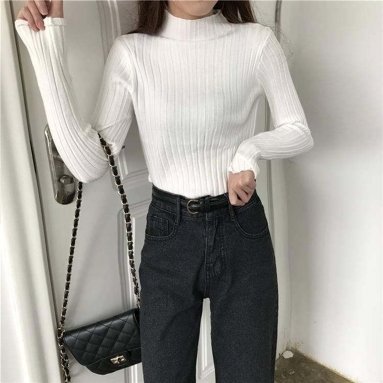 girl Women's Base Shirt Winter Half Turtleneck White Knitted Top 2022 Spring Autumn New Fashionable Versatile Inner Sweater_ecoleips.com