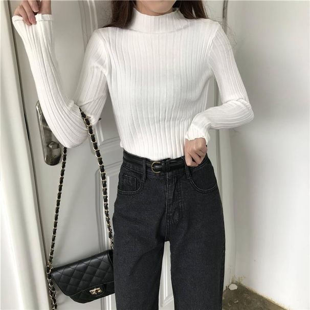 girl Women's Base Shirt Winter Half Turtleneck White Knitted Top 2022 Spring Autumn New Fashionable Versatile Inner Sweater_ecoleips.com