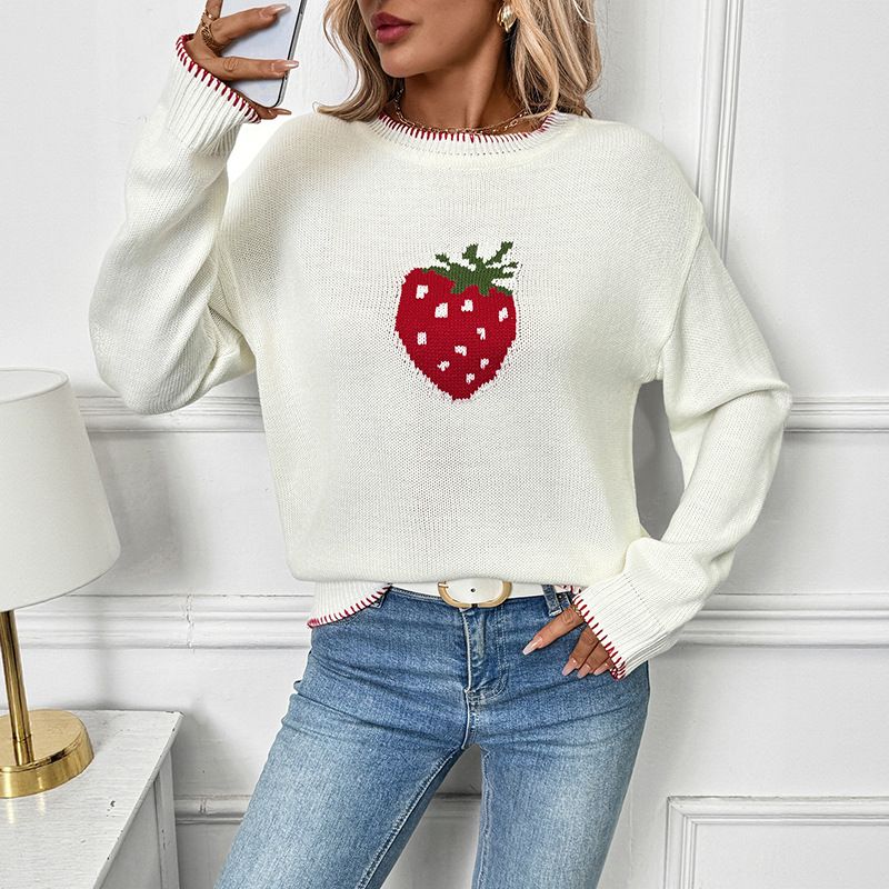 Women's Strawberry Jacquard Knit Sweater - Soft Acrylic Pullover With Loose Fit, Round Neck, Long Sleeves For Casual Comfort_ecoleips.com