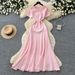 Women's French Style Beaded Short Sleeved Dress Summer Gentle Feminine High Waisted A-Line Skirt Slimming Flattering Commuting_ecoleips.com