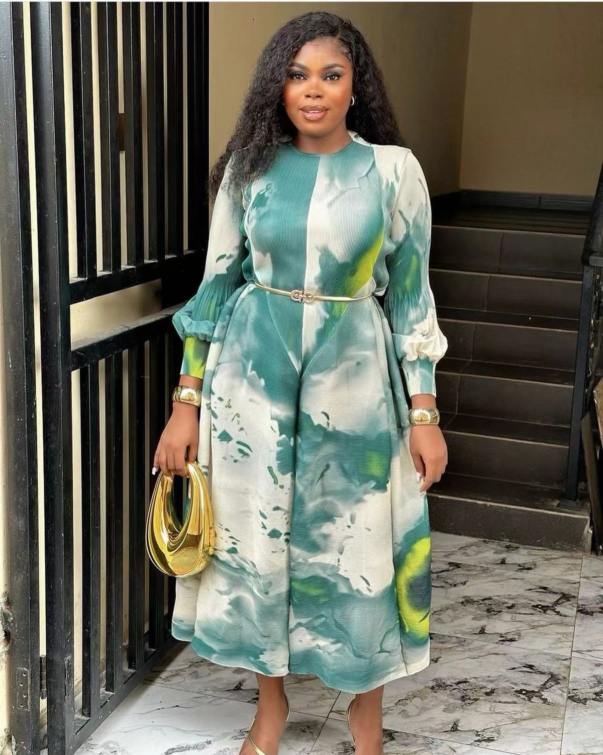 Women's Clothing Print Round Neck Long Sleeve Large Size Waist Dress_ecoleips.com