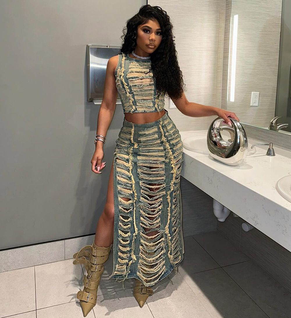 Women's Clothing Women's Denim Suit Trendy Personality Hand Worn Vest Slit Denim Skirt_ecoleips.com