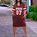 Summer V-Neck Letter Print A-Line Dress, Loose Fit Casual Maxi Dress For Women, Elegant Short Sleeve Chiffon Dress With Flowy Hem_ecoleips.com