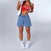 Classic Blue Denim Shorts For Women - Mid-Rise Straight Leg Summer Shorts With Button Detail, Comfort Stretch_ecoleips.com
