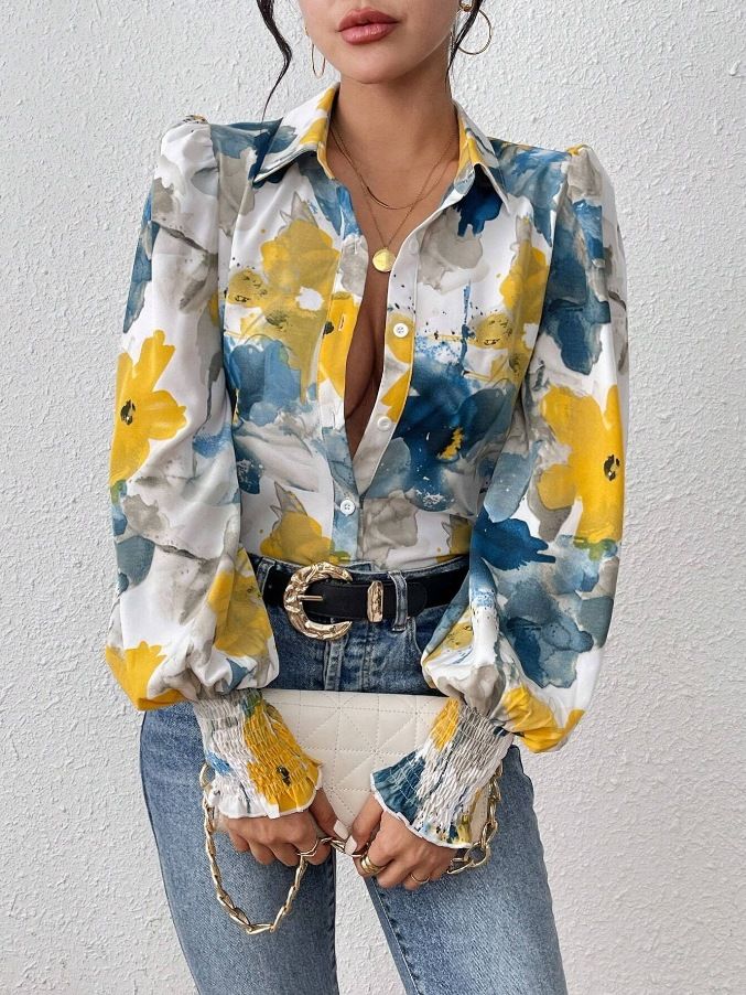 Autumn And Winter New Lapel Bubble Long-sleeved Loose Print Shirt Shirt_ecoleips.com