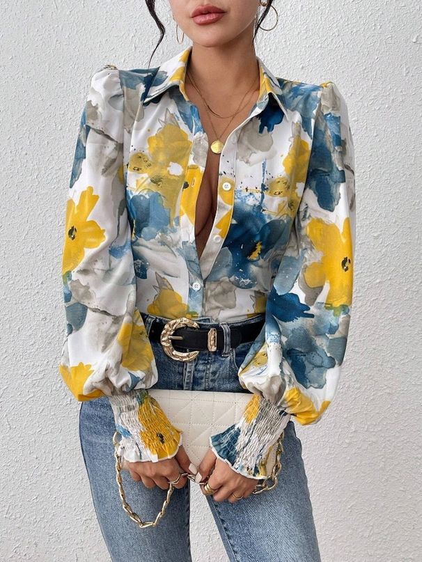 Autumn And Winter New Lapel Bubble Long-sleeved Loose Print Shirt Shirt_ecoleips.com