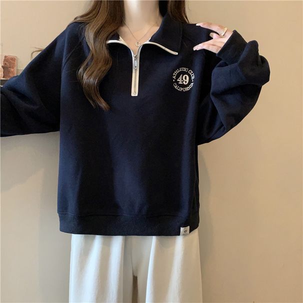American-style Real-shot Half-zip Polo Collar Long-sleeve Sweatshirt For Women, Thin, Loose, Slimming, Embroidered,_ecoleips.com