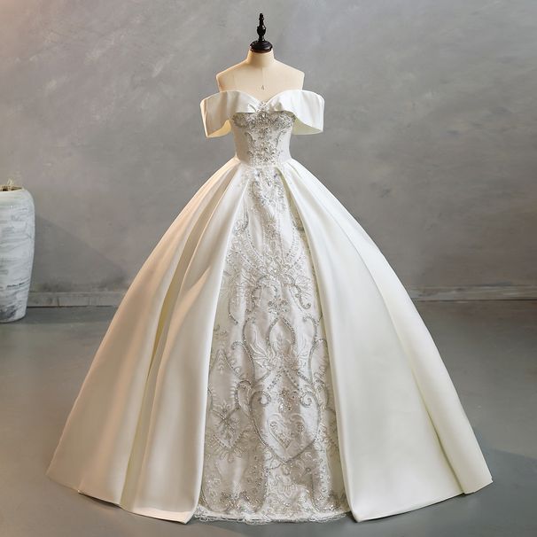 Plus Size Satin Wedding Dress Off The Shoulder Heavy Duty French Style High End Texture Luxurious Main Wedding Dress For Petite Women_ecoleips.com