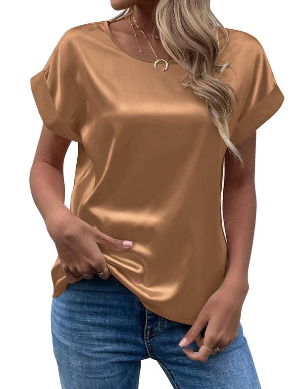 Women's Satin Short Sleeve Blouse - Breathable & Comfortable Round Neck T-Shirt, Casual Loose Fit, Soft & Shiny Fabric Versatile For Work & Daily Wear_ecoleips.com