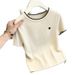 Women's Petite Round Neck T-Shirt Embroidered Heart Short Sleeve Knitted Inner Layer Top For Summer Real Shot_ecoleips.com