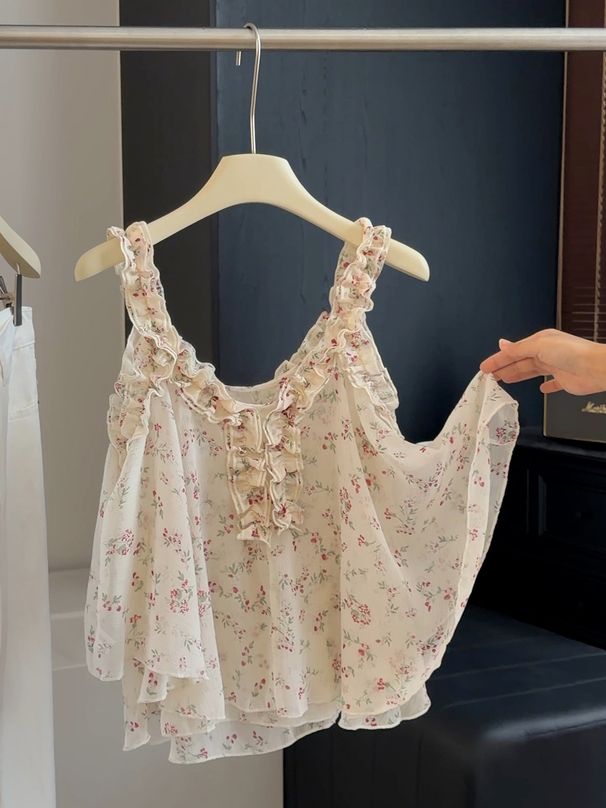 Floral Print Camisole V Neck Ruffled Trim French Style New Summer Top Youthful Slimming And Flattering Women's Clothing_ecoleips.com