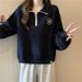 American-style Real-shot Half-zip Polo Collar Long-sleeve Sweatshirt For Women, Thin, Loose, Slimming, Embroidered,_ecoleips.com