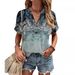 Women's Printed Short Sleeve Shirt With Unique Button Detail, Flowy V-Neck Blouse For Casual Wear Comfortable Relaxed Fit_ecoleips.com