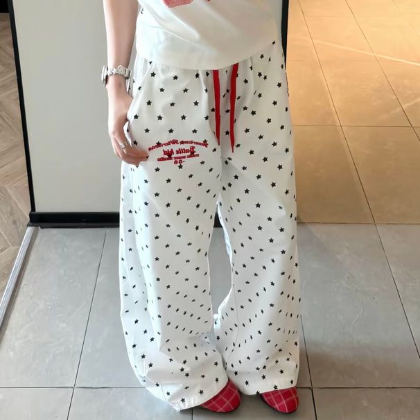 Washed Cotton Korean-style With All-over Star Print, Double Waistband, Color-blocking, Versatile, Loose-fitting Summer_ecoleips.com