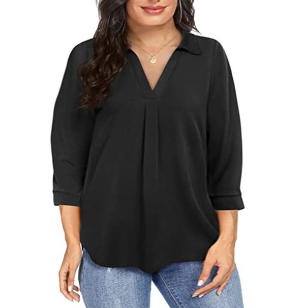 Plus-Size V-Neck Chiffon Blouse – Flowy 3/4 Sleeve Tunic Top For Women, Lightweight & Breathable (1XL-5XL, 8 Colors)_ecoleips.com