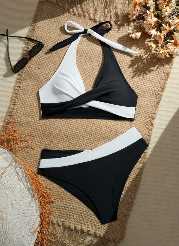 Women's Sexy Color-Block Bikini Set Crossover Design Two-Piece Swimsuit Fresh Cute Style Polyester_ecoleips.com
