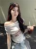 One-word Neck Short-sleeved Slim-fit T-shirt For Women's 2025 Summer Letter-printed Thin Spice Girl Versatile Short Off-the-shoulder Top_ecoleips.com