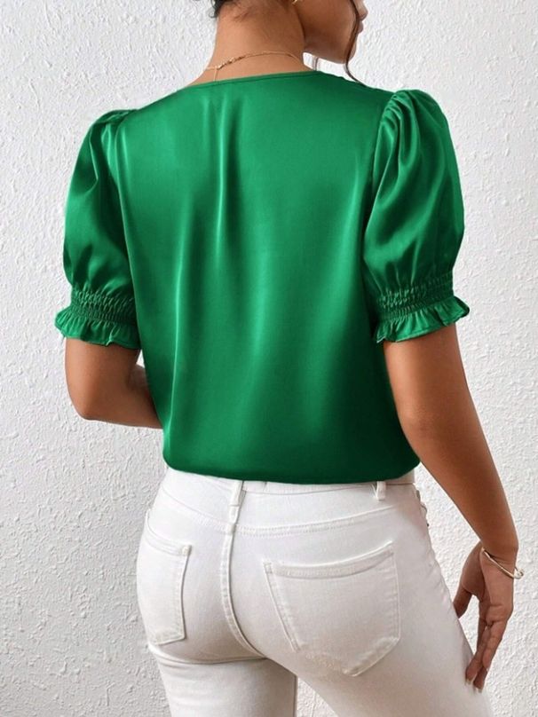 Women's Clothing Women's Satin V Neck Button Down Shirt Short Sleeved Ruffled Blouse Casual Style Spring Summer_ecoleips.com
