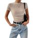Women's Clothing Spring And Summer New Products Slim Fit Versatile Pleated Round Neck Knitted Short Sleeved T Shirt_ecoleips.com