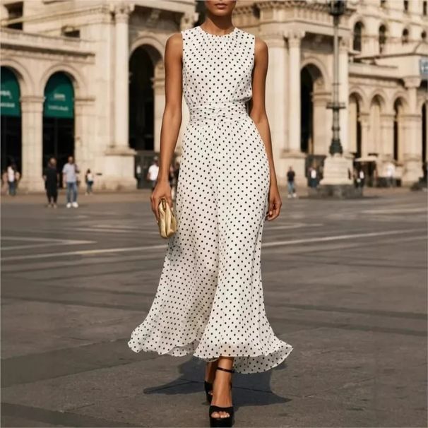 Stylish And Elegant Polka Dot Print Sleeveless Slim Dress_ecoleips.com